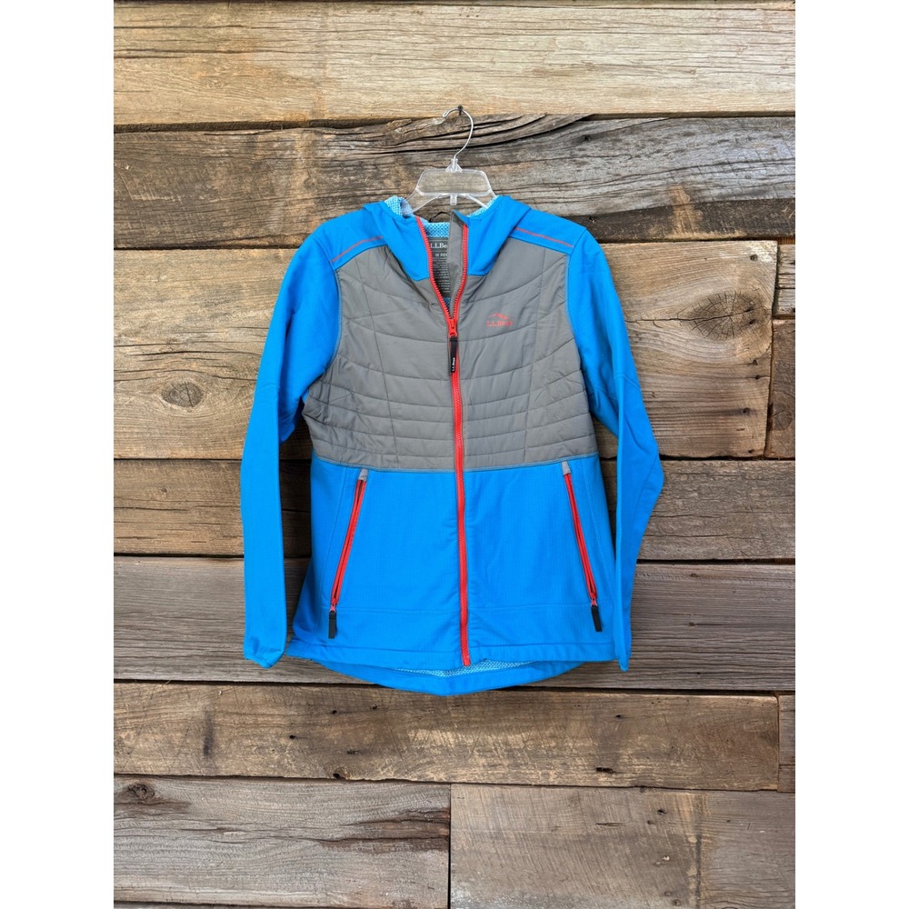 LL Bean Womens Blue Grey Hybrid Quilted Hooded Jacket 501845 Size Medium Regular